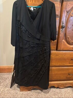 London Times Black Midi Dress with Layered Lace Panels